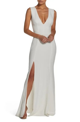 OFF WHITE Abito The Population Off bianco Sandra Plunge Crepe Tromba Taglia Media $288