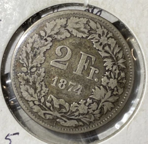 Rare 1874B Switzerland 2 Francs Silver Coin--Very Nice .835 Clear Words/date - Picture 1 of 4