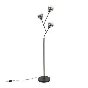 Black Metal Floor Lamp Smoked Glass Lampshade 3 Way Living Room Lights LED Bulbs - Picture 1 of 7