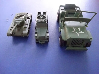 3 vehículos militares vintage de plástico duro verde, Jeep, camión-tanque, Willys, castaño rojizo Foto 1 de 4
