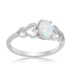 Women Opal Love Heart Cutout Promise Ring 925 Sterling Silver Jewelry Size 6~10 - Picture 1 of 10