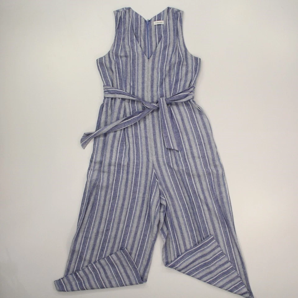 Calvin Klein Women's Linen Blend Wide Leg Jumpsuit Size 12 Blue White Striped — 第 1/4 张图片
