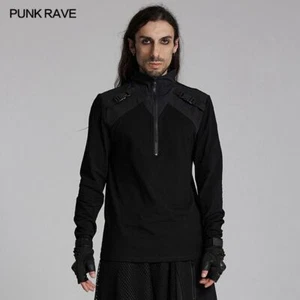 Punk Rave Men Black Gothic Techwear Style Long Sleeved Slim Fitted T-Shirt - Picture 1 of 19
