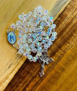 AB White Crystal Glass Beads Rosary for Catholic Church Pray Gift - Photo 1 sur 11