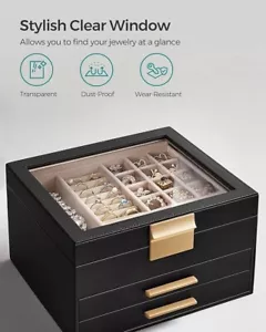 Schmuckkästchen mit Glasdeckel, 3-lagiger Schmuck Organizer, 2 Schubladen, für große und sm - Bild 1 von 4