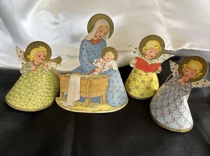 Christmas Baby Jesus Virgin Mary 3 Angels 3-D ~ Die -Cut Paper Old Vintage - Picture 1 of 21