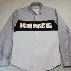 Kenzo Paris Button Down Shirt Knit Logo Two Tone Cotton Size Small Blue Black - Picture 1 of 10