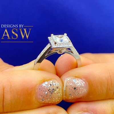 14K SOLID WHITE GOLD PRINCESS CUT NATURAL DIAMOND ENGAGEMENT RING HALO 1.50CT Foto 1 de 4