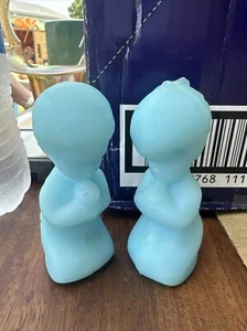FENTON Art Glass Kneeling Praying Boy & Girl Kids Satin  Blue - Picture 1 of 5