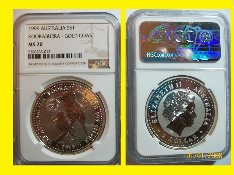 1999 Australia Kookaburra GOLD COAST privy 1 oz Silver NGC ms 70 Rare POP 3 - Image 1 of 1