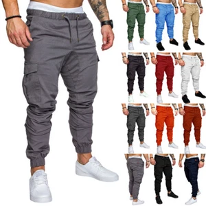 UK Mens Elasticated Waist Cargo Combat Work Trousers Joggers Pocket Cuffed Pants - Picture 1 of 32