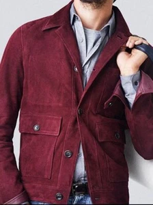 Trucker Leather Jacket Men Burgundy Pure Suede Custom Made Size S M L XXL 3XL - Picture 1 of 5