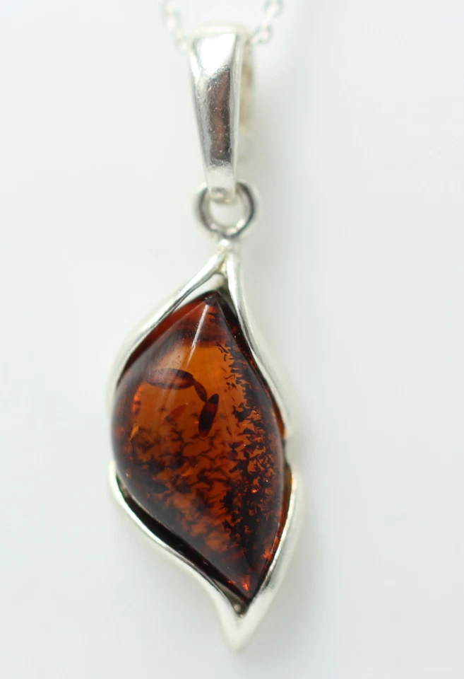 Design Pendente In Ambra 925 Argento Sterling Collana In Ambra Marrone - Immagine 1 di 4