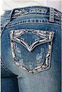Grace in LA Women's Embroidered Distressed Flap Pocket Bootcut Stretch Jeans - Picture 1 of 7