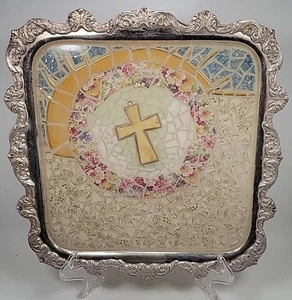Chintz China SP Footed Tray Mosaic Handmade Cross Sun & Sky 14" X 14" - Picture 1 of 7