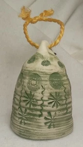 Handmade Porcelain Bell Ornament Textured Rustic Imprinted Pattern Green White - Picture 1 of 7