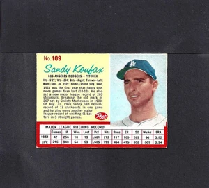 1962 POST #109 SANDY KOUFAX-1--BV $50--DODGERS--SIN PLIEGUES--EX/MT - Imagen 1 de 2