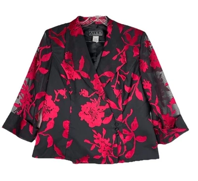 Alex Evenings Womens Sheer Sleeve Wrap Blazer Jacket L Red Floral Burnout Event - Image 1 of 4