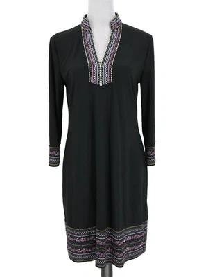 WHBM Dress Womens Medium Black Stretch Knit Embroidered Neckline Pullover Career - Image 1 of 4