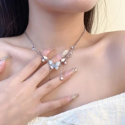 Women's Butterfly Pendant Necklace Imitation Pearl tassel Necklace Alloy - Image 1 of 4