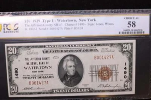 1929 $20, Watertown, N.Y., National Currency Note., PCGS Graded AU-58. #30058 - Picture 1 of 2