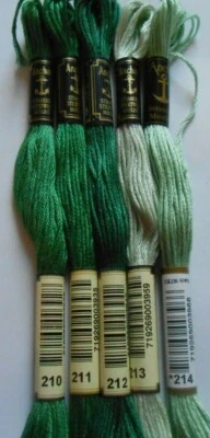 Anchor Six Stranded Threads Pack of 5 Greens Colour Numbers may vary - Image 1 of 2