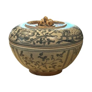 ANTQ Thai Sawankhalok Stoneware Jar w Lid Brown Slip Glaze Blue Underglaze Decor - Picture 1 of 6