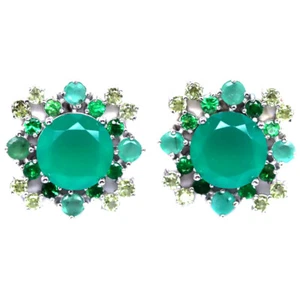 Piedra Preciosa Ágata Verde, Esmeralda, Tsavorite Granate Y Peridoto Aretes 925 - Imagen 1 de 4