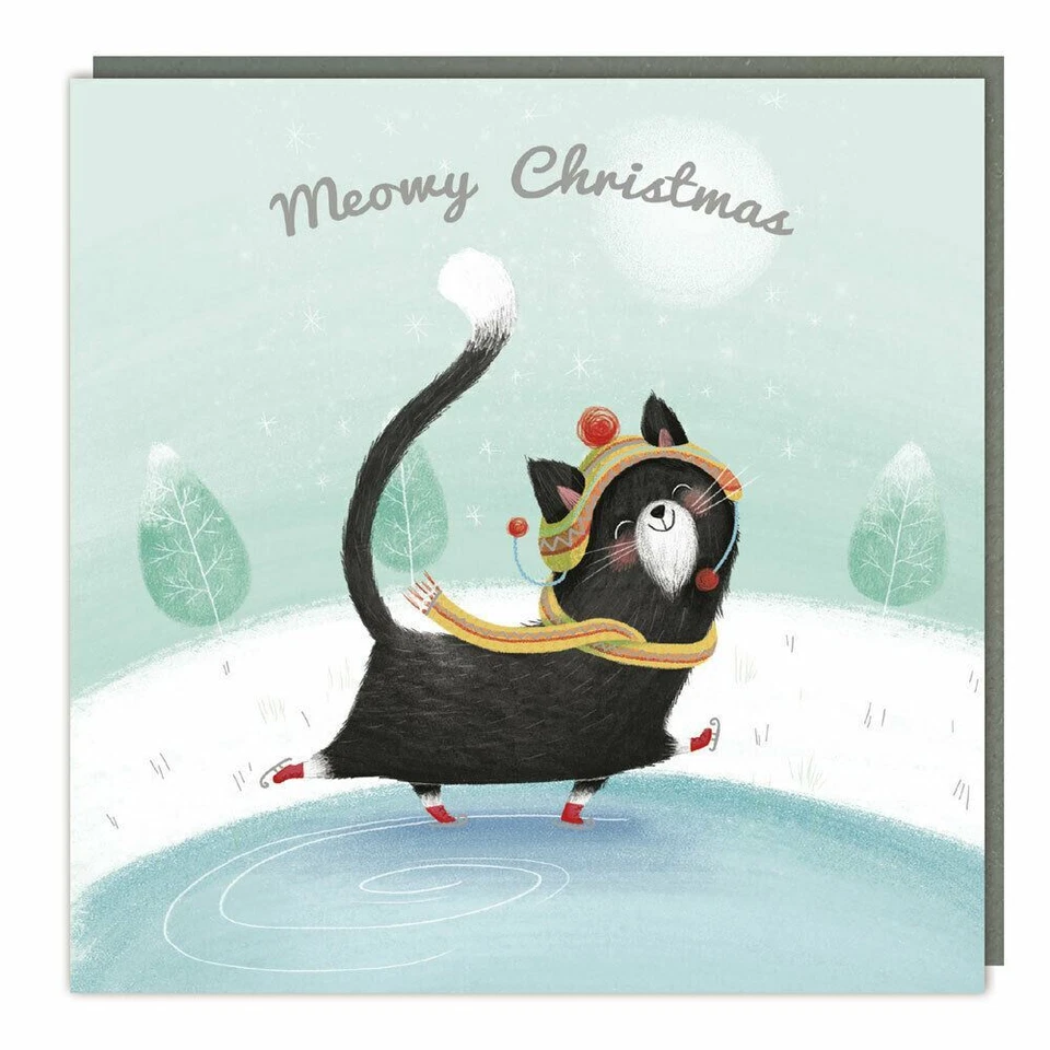 TRACKS Charity Christmas Cards Skating Cat Foil Humour Embossed Finish - Pack 5