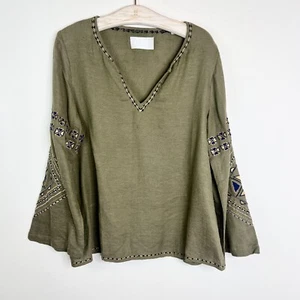 Piper by Townsen Green Bell Sleeve Embroidered V-Neck Top Anthropologie Medium - Picture 1 of 7