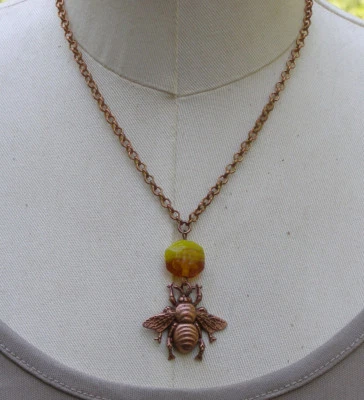 Copper Vintage Amber Glass Honey Bee Necklace Pendant Busy Bee Bumble Bee - Image 1 of 4