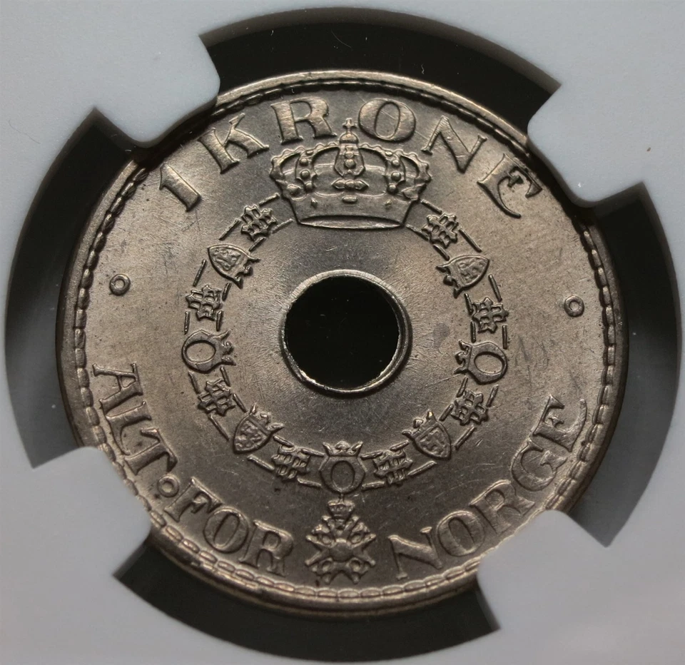 NORWAY Kingdom 1 krone 1946 NGC MS 64 UNC King Haakon VII Nickel Crown Holed - Image 1 of 4