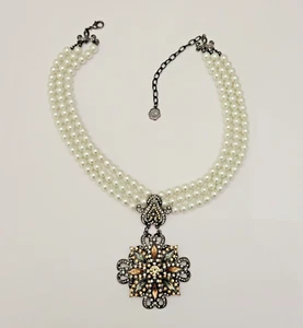 RJ Graziano Large Rhinestone Pendant Multi 3 Strand Pearl Statement Necklace - Picture 1 of 11