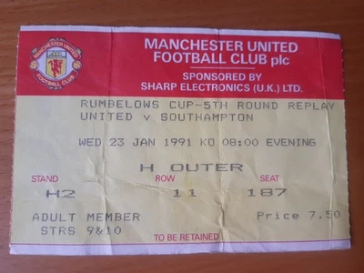 BIGLIETTO MANCHESTER UNITED v SOUTHAMPTON 23 gennaio 1991 Rumbelows League Cup - Immagine 1 di 2