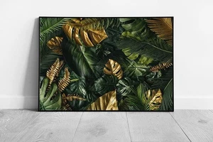 Tropical Jungle Wall Art Print Gold Green Leaves Framed Picture - Picture 1 of 10