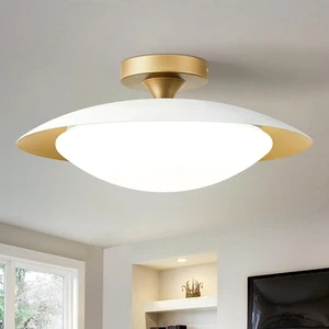 Mid Century Modern Semi Flush Mount Ceiling Light White and Gold LED Fixture LG - Picture 1 of 7