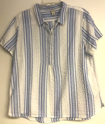 Camisa LL Bean para mujer XL azul blanco popover manga corta cuello Foto 1 de 4