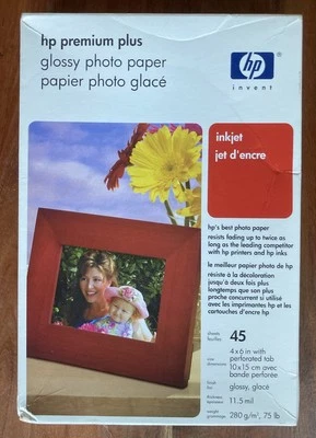 HP Premium Plus 4x6 in Inkjet Glossy Photo Paper 45 Sheets 11.5 mil ~ NIP - Image 1 of 4