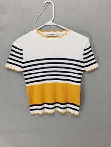 Zara Knit Women Top Medium Yellow Striped Nylon Blend Short Sleeve Cropped Shirt - Picture 1 of 17