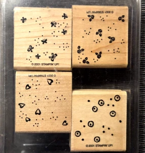 STAMPIN UP BACKGROUND BASICS SET 4 WOOD STAMPS RETIRED Hearts Butterfly Holly - Picture 1 of 2