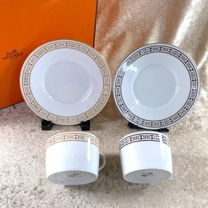 Hermes Paris Tea Cup & Saucer Egee Soleil Gold and Platinum 2 Sets with Case - Picture 1 of 17