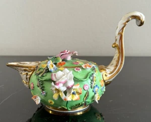 Rare Antique Flowers Encrusted Decoration Porcelain Petite Lamp-Form Teapot - Picture 1 of 22