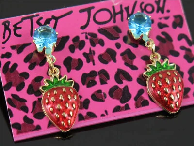 Betsey Johnson Crystal Blue Strawberry Gold Drop Dangle Earrings Free Gift Bag - Image 1 of 2