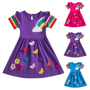 Kids Girls Rainbow Butterfly Short Sleeve Birthday Princess Mini Skater Dress - Picture 1 of 11