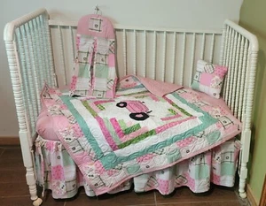 CRIB BEDDING NURSERY SET MADE/W PINK JOHN DEERE MADRAS FABRIC - Picture 1 of 7