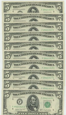 FR #1964F $5 1950C (10) Federal Reserve Notes Atlanta Consecutive DC-6264 - Image 1 of 3