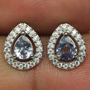 925 Sterling Silber 4 x 5 mm. Ohrringe blauer Tansanit & Zirkon Weißgold - Bild 1 von 4