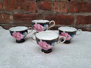 4 x Paragon hand painted Rose black ground cups *Display only* - Picture 1 of 10