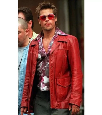 Brad Pitt Tyler Durden Fight Club Red Leather Jacket Men FC Coat - Image 1 of 4