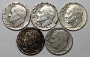 Roosevelt Silver Dimes 5 Different Date - Picture 1 of 3